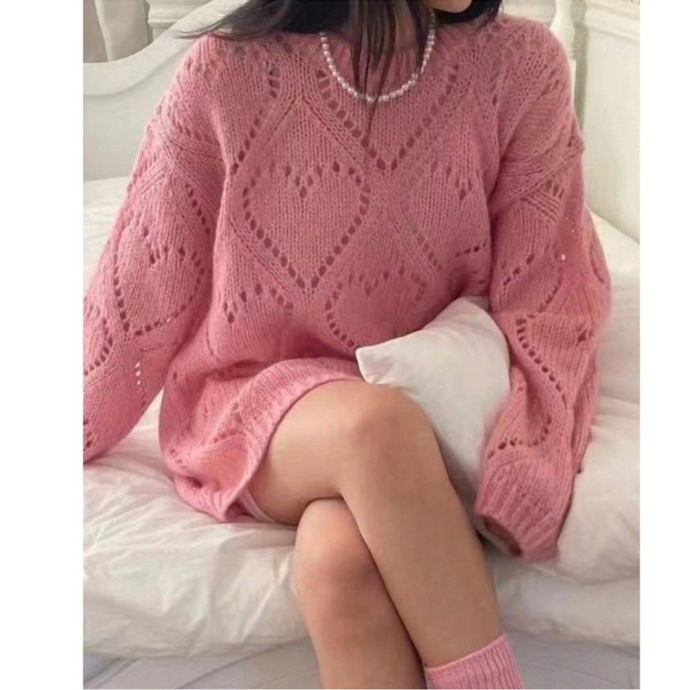 Pink Heart Round Neck Loose Fit Sweater S M L XL